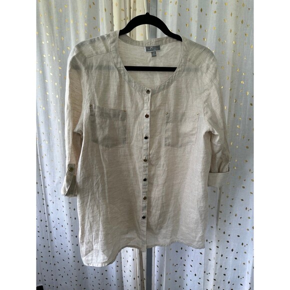 JM Collection Petite 100% Linen Mandarin Band Collar Button Down Shirt 14 - Picture 2 of 7